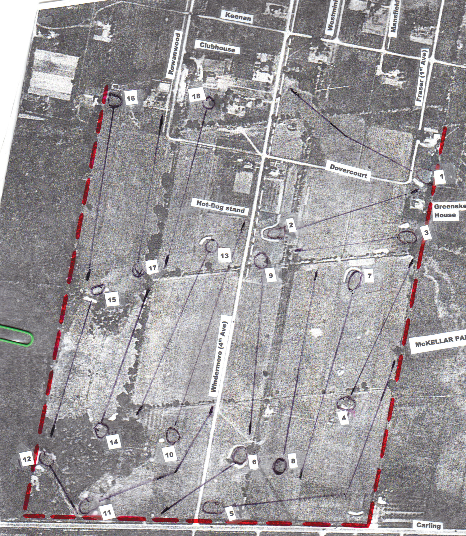 Click image to enlarge. This aerial photo of McKellar Park Golf Club shows the area it occupied in 1932. Carling Avenue, at the bottom of the photo, was the southern boundary. The eastern boundary of the club was a line mid-way between Fraser and Denbury Avenues. The western boundary is approximated by Redwood Avenue in the north, a piece of present-day Sherburne Avenue in the middle, and Manitou Drive in the southern part. The northern border of the golf club was quite irregular, falling between Dovercourt and Keenan Avenues. Windemere Avenue, previously known as 4th Avenue, divided the golf club into two parts, with the front nine holes to the east of Windemere and the back nine holes to the west.