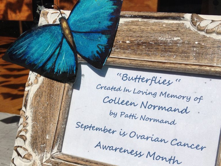 |Local artist Patti Normand created a display of handpainted butterflies in memory of her mother. She calls it “grief-itti.” Photo by Andrea Tomkins