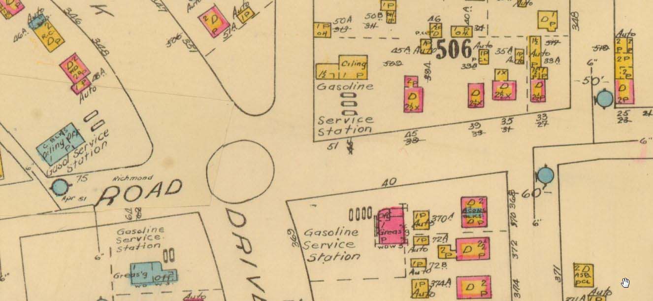 This scan of a 1948 Fire Insurance Plan of Ottawa, shows the intersection, complete with the original traffic circle, and the gas station, but most notably the FOUR gas stations that existed at this corner, all at the same time