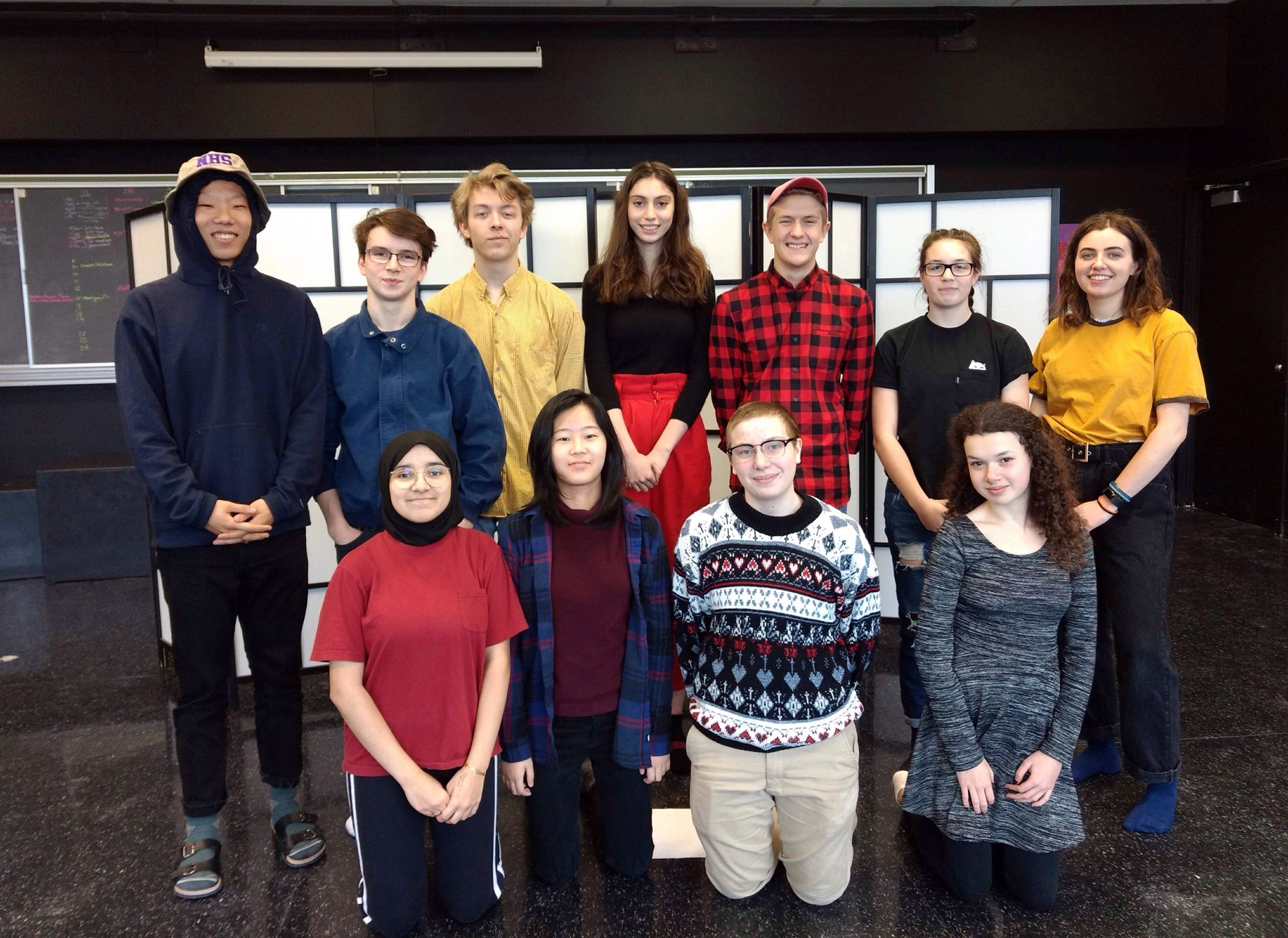 Nepean HS Improv Club from left to right, top row: Nick Lee, Leo Compton, Cameron Jaimet, Chiara Bee, Sebastian Cattrysse, Sara Popovich, Anna Kollenberg Bottom row: Zineb Nour, Audrey Lee, Jay Burns, Anna Berglas.