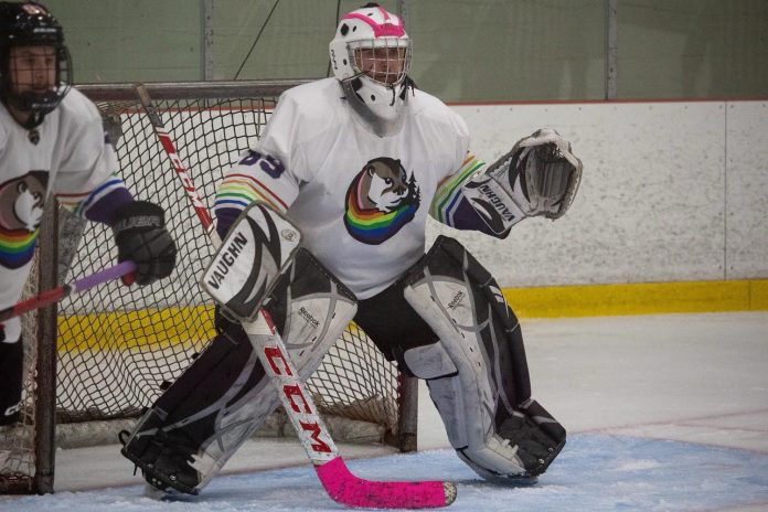 A goalie stands at the net.