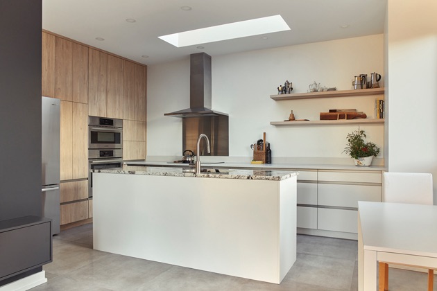 The interior of a very modern kitchen.